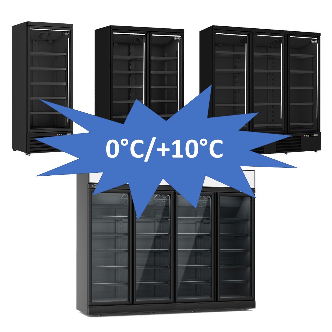 Kühlregal Kühlregale mit Glastüren und LED-Beleuchtung für Kiosk, Supermarkt und Gastronomie. Temperaturbereich 0°C bis +10°C.