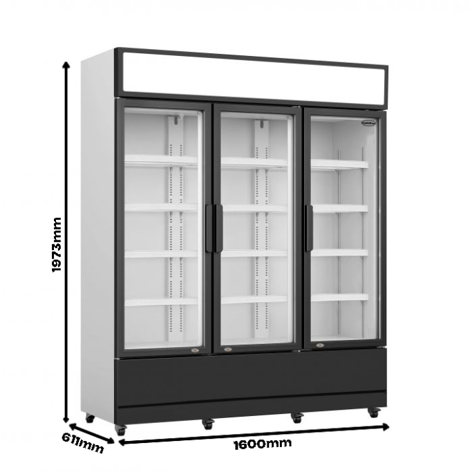 Getränkekühlschrank 3-türig Grau&Schwarz Glastür-Getränkekühlschrank (3 Türen) mit Werbefläche und Rollen. Maße: 1973x1600x611 mm.