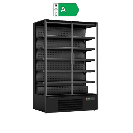 131x74x201cm Schwarzes Kühlregal mit 2 Glastüren für Supermarkt oder Kiosk, 1292 Liter Volumen, Energieeffizienzklasse A, inklusive 5 Metallregalen.