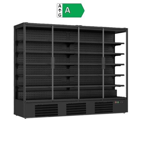 256x74x201cm Schwarzes Kühlregal mit 4 Glastüren für Supermarkt oder Kiosk, 2585 Liter Volumen, Energieeffizienzklasse A, inklusive 5 Metallregalen.